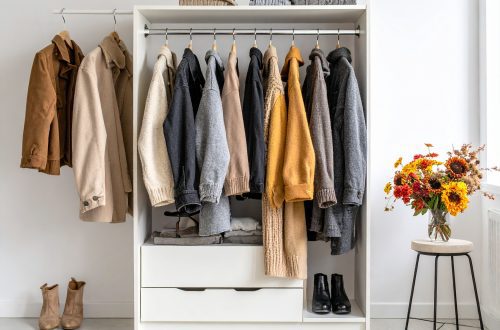 Minimalistinen ja kuratoitu kapselivaatekaappi syksyyn. Kuvassa on ripustettuina laadukkaita, neutraalin sävyisiä vaatteita, kuten takkeja ja neuleita, luoden selkeän kokonaisuuden.