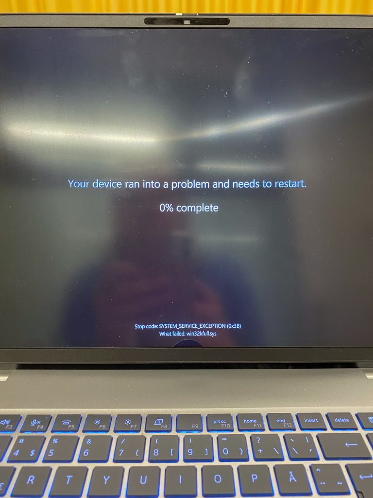 Kannettava tietokone, jonka ruudulla näkyy virheilmoitus ja teksti “Your device ran into a problem” – marraskuinen pysähdys tutkijan työssä.
