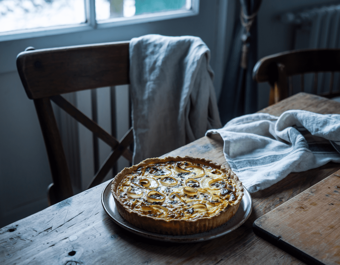 Gluteeniton ja vegetaarinen Quiche Lorraine yksinkertaisella keraamisella lautasella puupöydällä. Luonnonvalo ja pohjoismainen keittiö luovat rauhallisen, nostalgisen tunnelman.