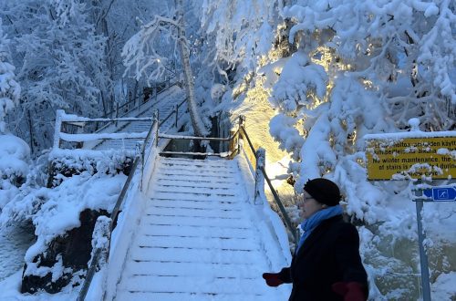 umipeitteiset portaat nousevat talviseen metsään; tummaan takkiin pukeutunut henkilö punaisine rukkasineen seisoo portaiden juurella, ympärillä paksut lumiset oksat ja lämmin valonhehku.